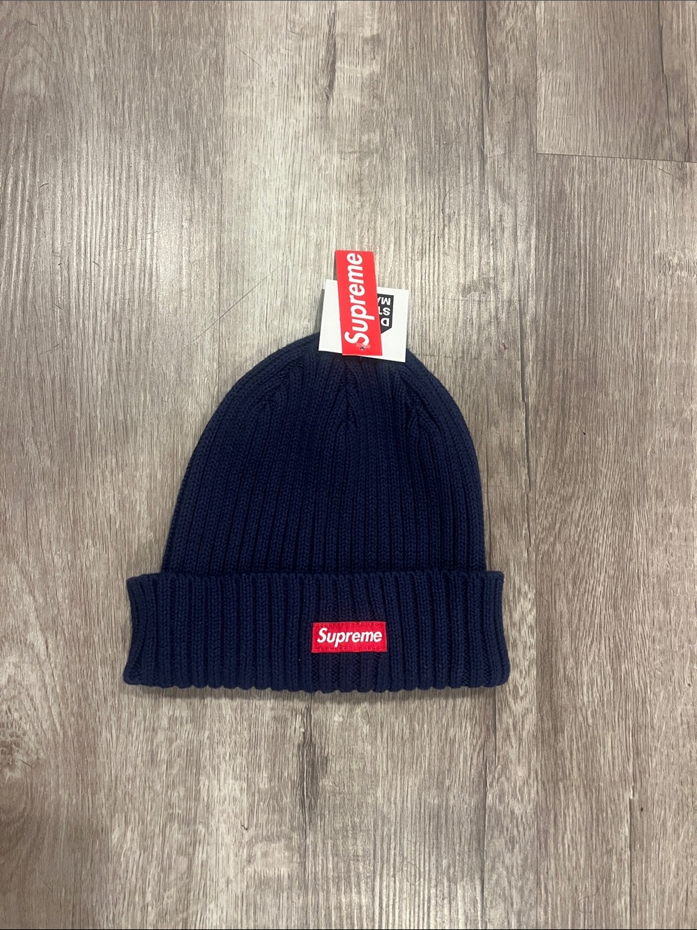 Supreme Navy Beanie with Red Box Logo Patch